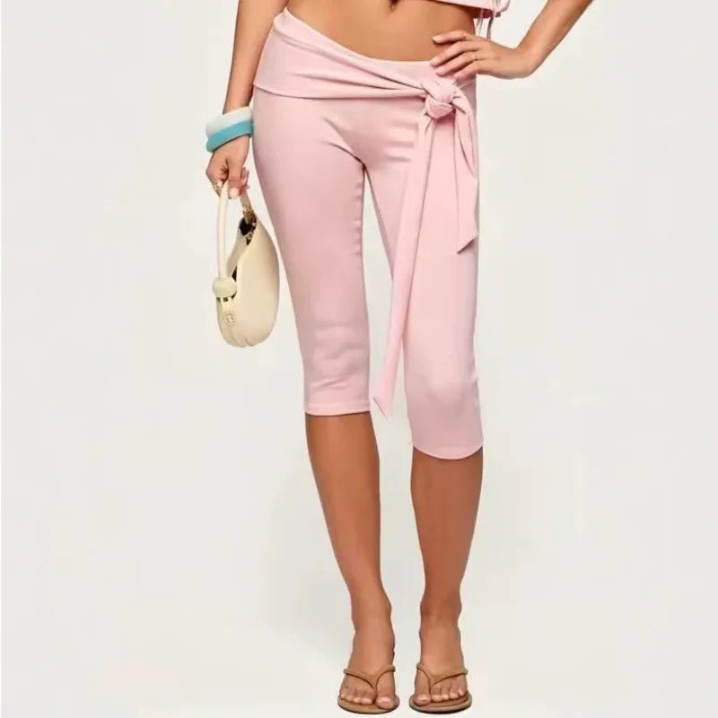 AIERTU  -  Low Waisted Lace Up Cropped Pants Women's Summer Fashion Solid Color Multiple Styles High Stretch Slim Fit Leisure Cropped Pants Aiertu