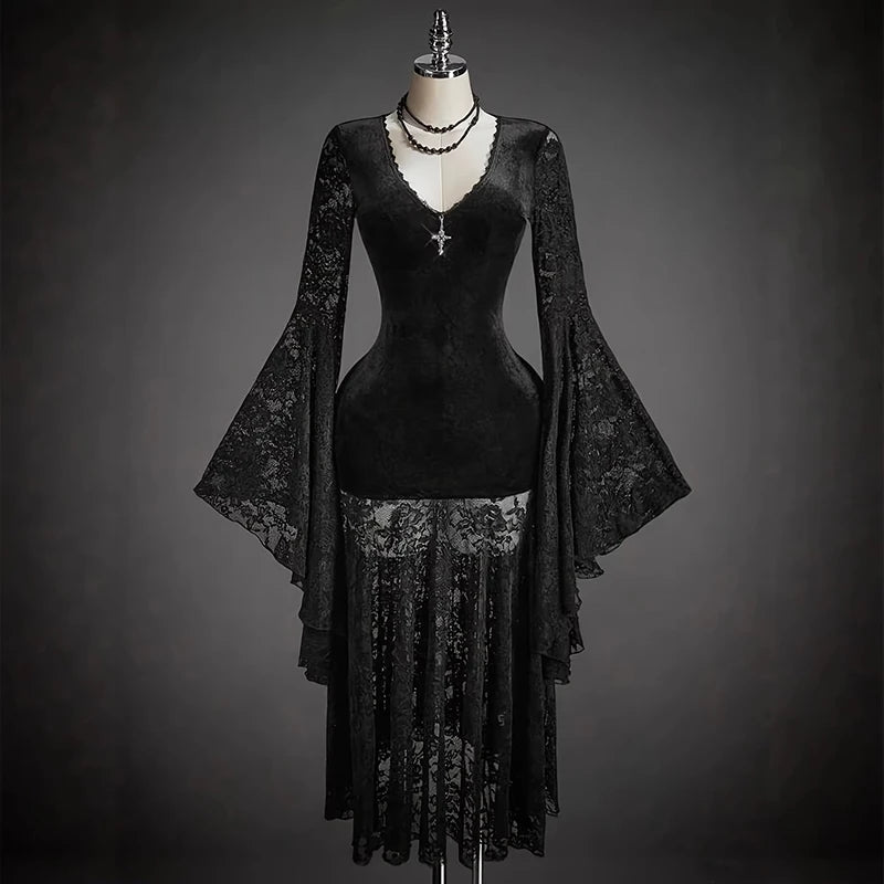 AIERTU  -  Elegant Lace Dress for Women Black V-Neck Flared Sleeve Velvet Dresses Autumn Winter Commuting Slim Fit Long Dresses Aiertu