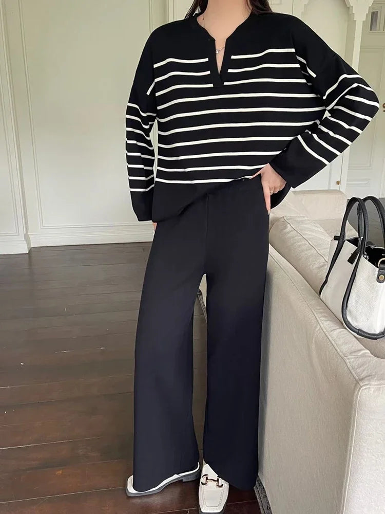 Women Casual Knit Two Piece Set Striped Long Sleeve Loose Pullover Sweater and Pants Fall Sets Office Winter Women Outfit Aiertu