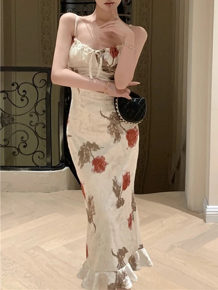 Aiertu Spring Summer Fashion Elegant Floral Print Women Dress Spaghetti Strap Vintage Slim Bodycon Casual Robe Female Party Vestidos Aiertu