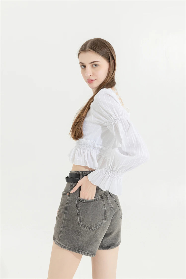 Aiertu French Pleated Lantern Long Sleeve Shirt For Women's 2022 Spring And Autumn New Vintage White Square Collar Blouse Tops Female Aiertu