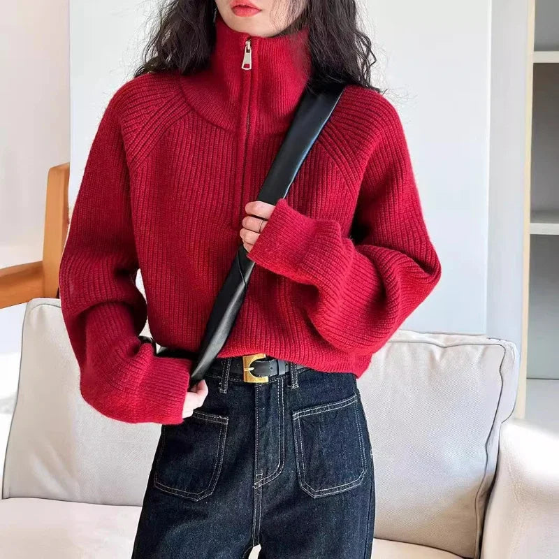 Autumn Winter  Zipper Sweaters Women Solid Color High Neck Knitted Pullover Solid Red Loose Turndown Collar Women's Turtleneck Aiertu