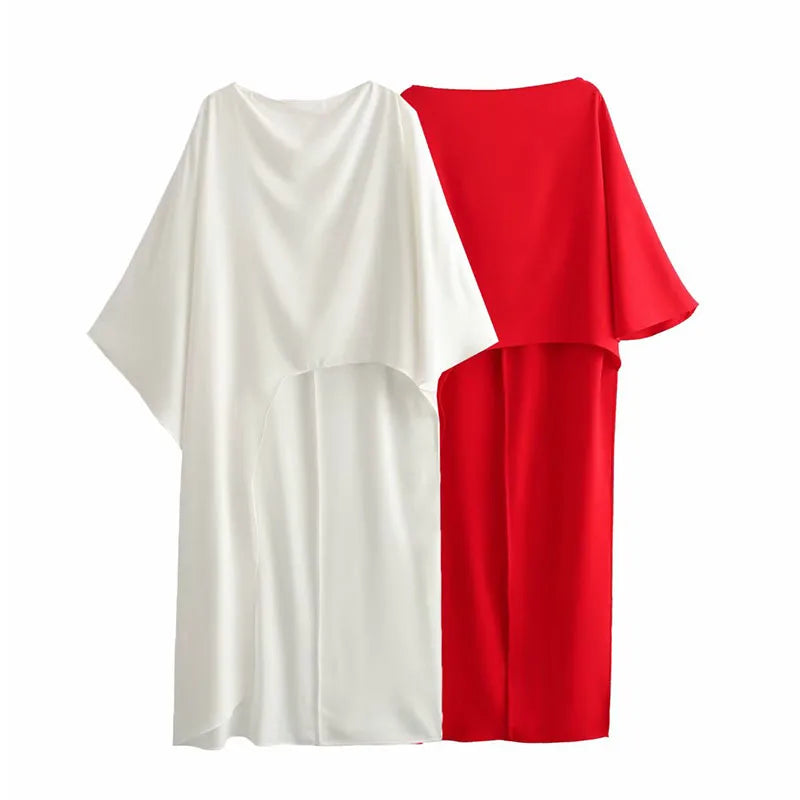 Aiertu Female Stylish Solid Blouses Asymmetric Cape Style Red White Satin Shirt Half Sleeves Women's New Elegant Tops Casual Shirt Aiertu