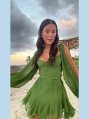 Aiertu Sexy Green Pleated Mini Dress For Women Elegant V-neck Split Long Sleeve A-line Dresses Summer Lady Solid Backless Lace Up Robes Aiertu