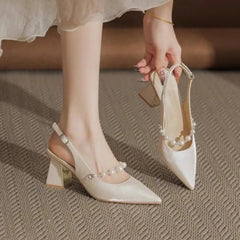 AIERTU  -  Elegant Pearl Embellished Pointed Toe High Heels Sandals Women's Fashionable Fairy Tale Style Back Strap Slip-On Party Shoes Aiertu