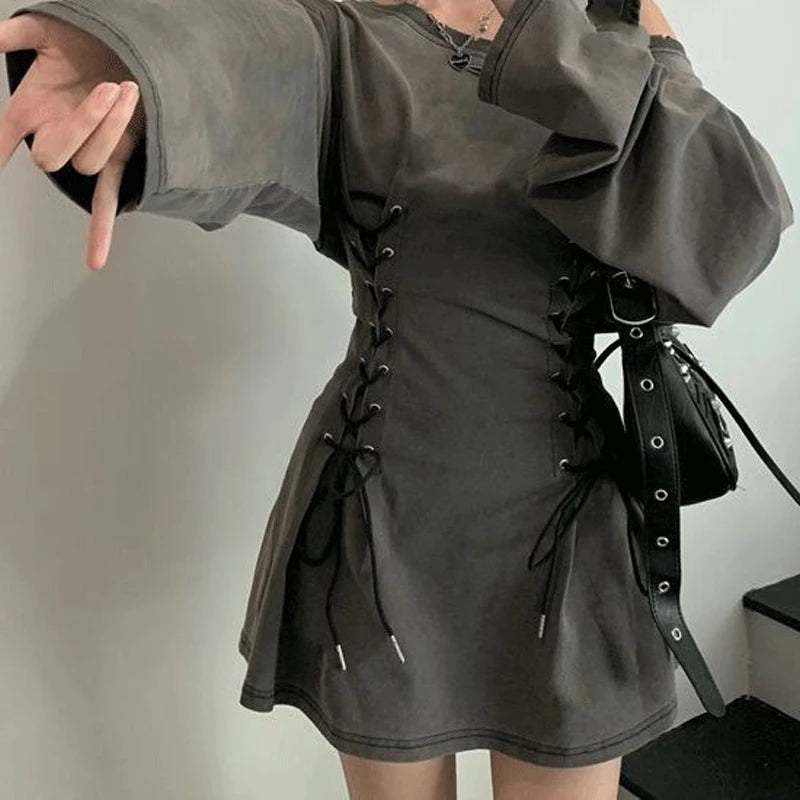Aiertu New Fairycore Grunge Goth Corset Dress Women Aesthetic Harajuku Streetwear Bandage Slim Bodycon Dress Y2k 90s Indie Clothes Aiertu