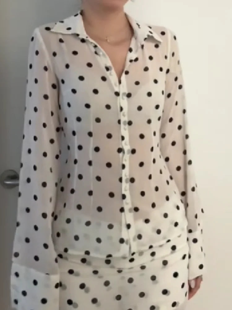 AIERTU  -  Matching Polka Dot Outfit For Women Trendy Lapel Placket Front Sheer Blouse Bodycon Mini Skirt Suit Lady's Casual Night Out Set Aiertu