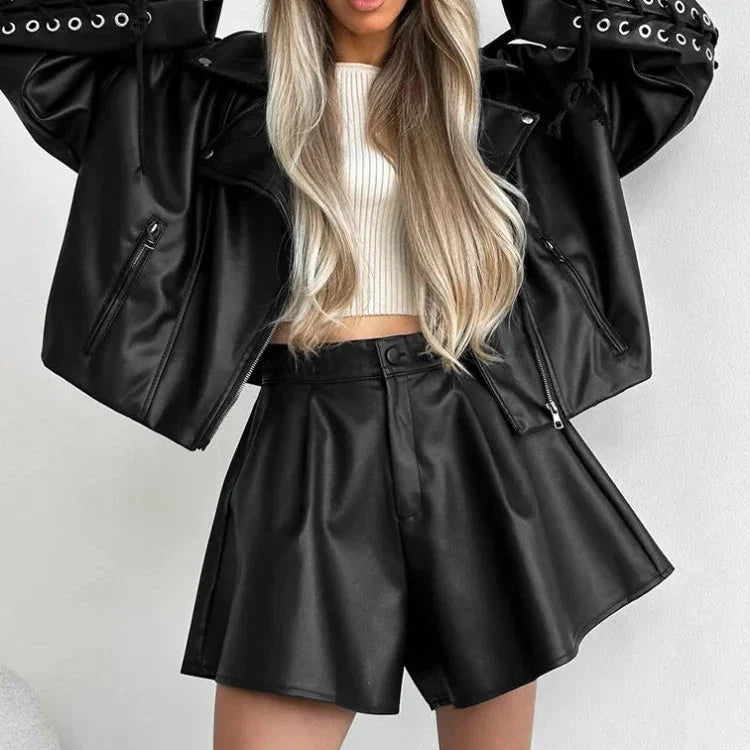 Aiertu Black Leather Shorts Women Autumn Winter Pleated High Waist Sexy Pu Shorts Casual Wide Leg Shorts Female Office Ladies aiertu
