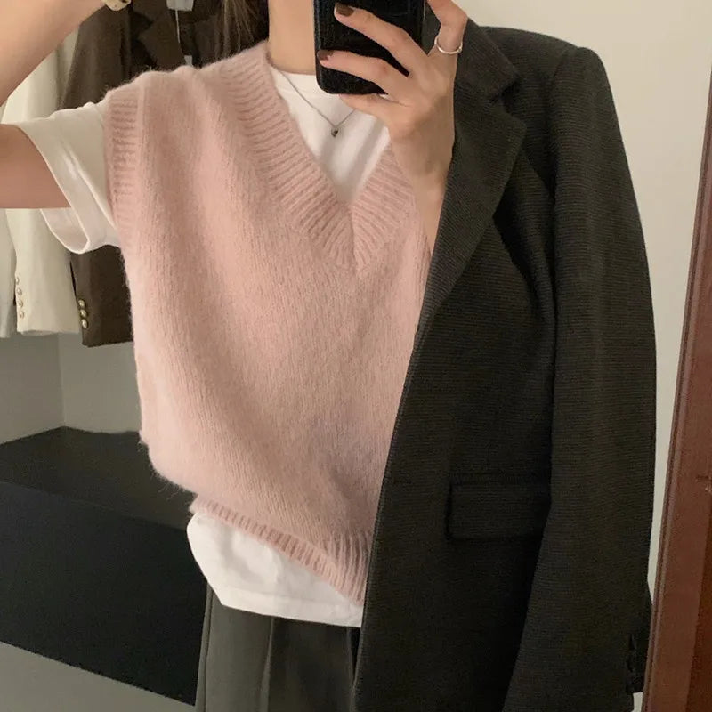 Aiertu Women Vintage Turn Down Collar Check Plaid Solid Knitting Sweater Female Casual Loose Vest Chic Pullovers Tops Aiertu