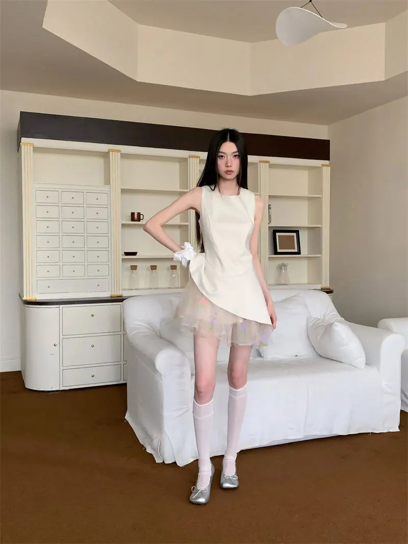 AIERTU  -  Women Dress Mesh Splicing Irregular Edge Design Sleeveless Vest Style Round Neck Solid Color Simple Slim Temperament Short Dress Aiertu
