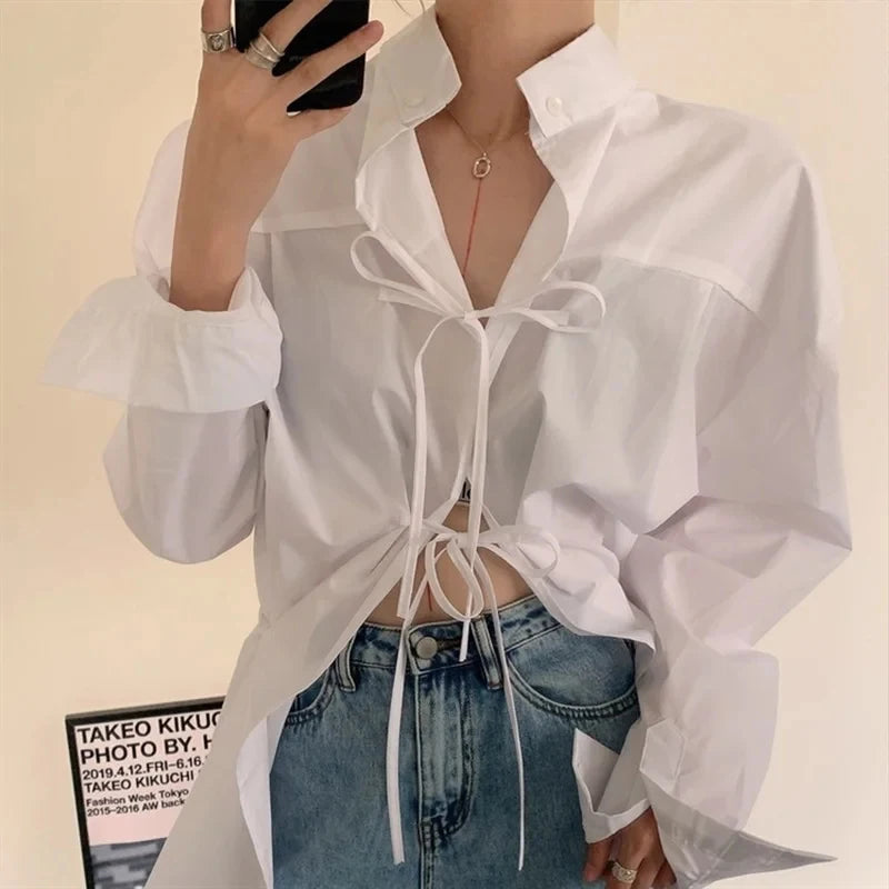 Aiertu Streetwear White Shirts Women Harajuku Oversized Bandage Long Sleeve Blouses Korean Fashion Elegant Casual Chic Tops Spring New Aiertu