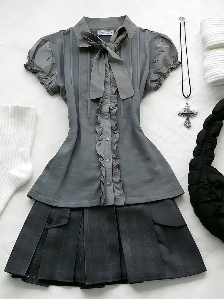 AIERTU  -  Preppy 2-Piece Set Dresses American Retro Goth Top+Skirt Y2k 2000s Japanese Harajuku Hot Girl Women's Dress Fashion Grunge Chic Aiertu