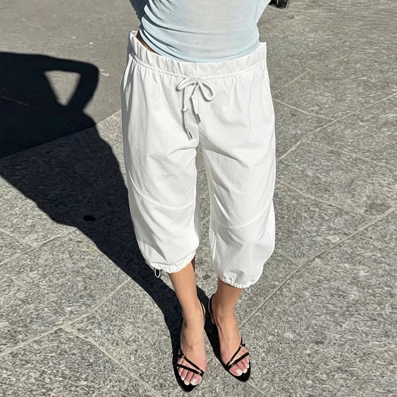 AIERTU  -  Street Style Casual Pure White Drawstring Calf-length Cargo Pants Ruched High Waist Fungus Edge Elastic Fashion Loose Pants Aiertu