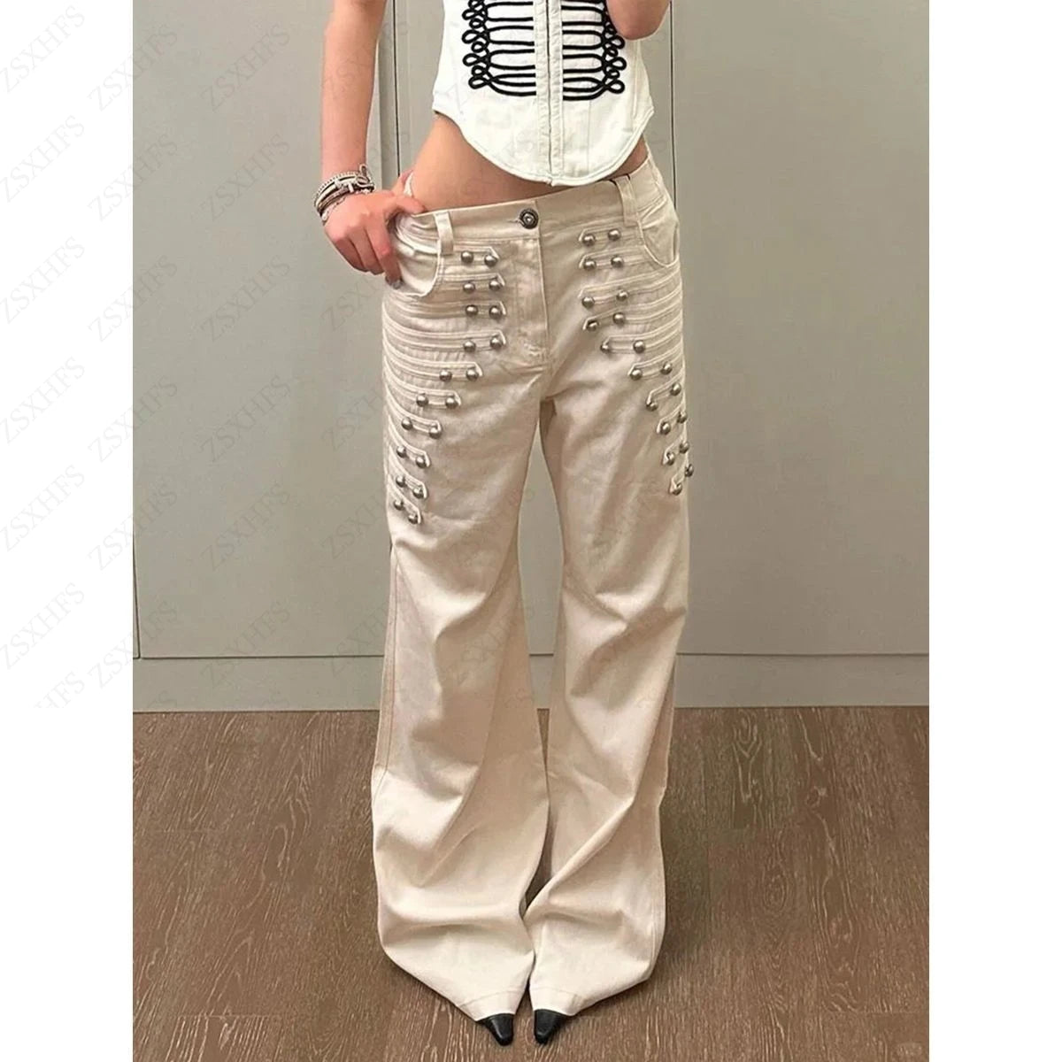 AIERTU  -  Subculture Gothic Cargo Pants Women High Waist Wide Leg Metal Buckle Full Length All Seasons Long Pants Trousers Pockets Casual Aiertu