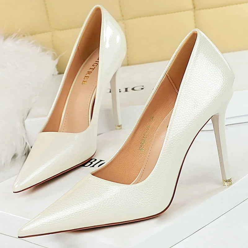 Shoes Crystal Patent Leather Women Pumps Pointed High Heels Women Shoes Stilettos Kitten Heels Female Shoes Plus Size 43 Aiertu