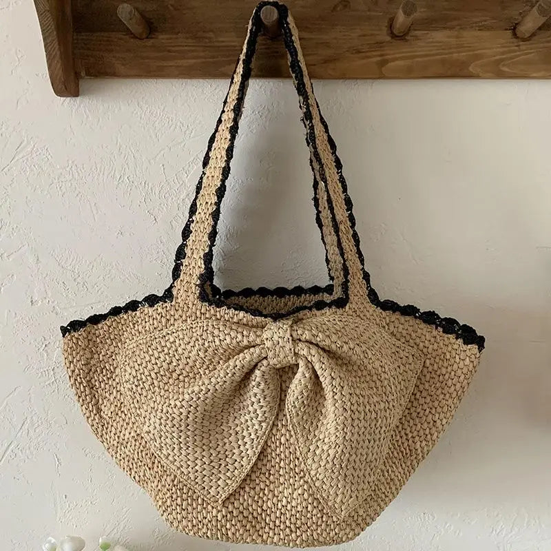 AIERTU  -  Korean Style Sweet Grass Woven Bow Bags Women's Beach Vacation Single Shoulder Hand-held Beach Bag Aiertu