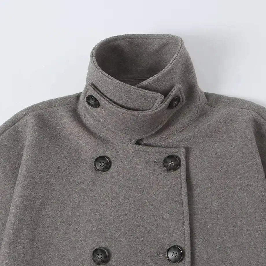 AIERTU  -  Autumn Winter Women High Collar Woolen Cape Coat Double-breasted Buttons Bat Sleeve Cloak Shawl Jacket Loose Outerwear Gray Aiertu
