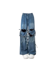 Aiertu Women's Y2k Jeans Harajuku 90s Aesthetic Baggy Bandage Denim Trousers Korean Heart Hollow Out Jean Pants Vintage 2000s Clothes Aiertu