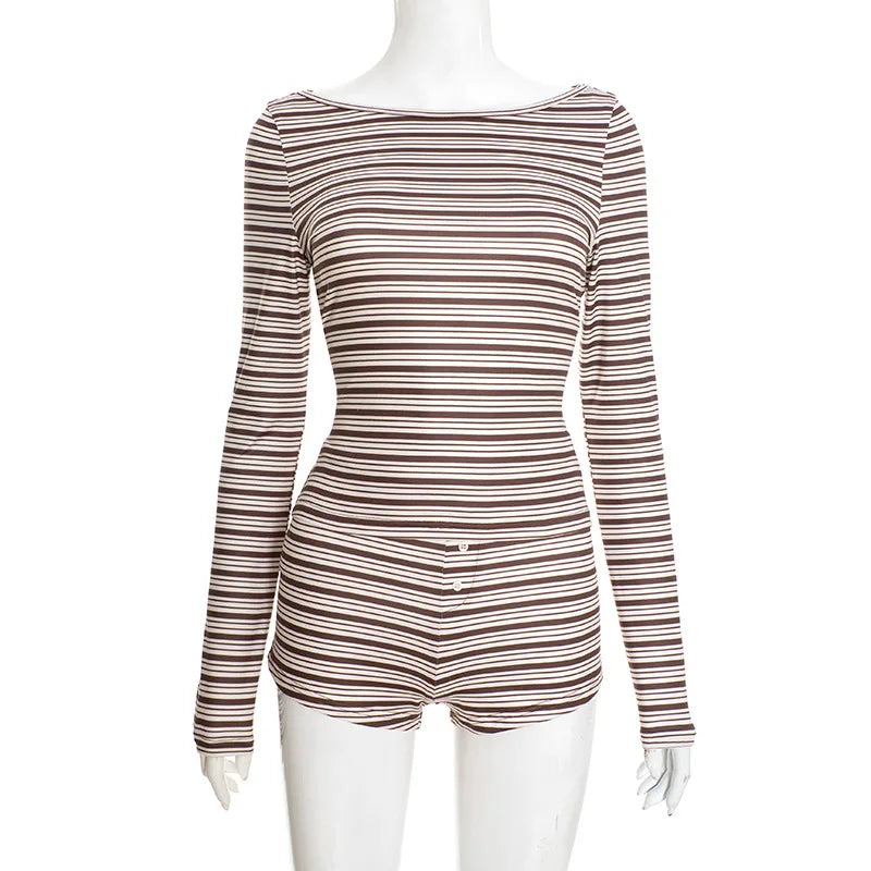 AIERTU  -  Women's Clothing Autumn and Winter New Temperament Elegant Casual Striped Long-sleeved Top Three-point Shorts Set Aiertu