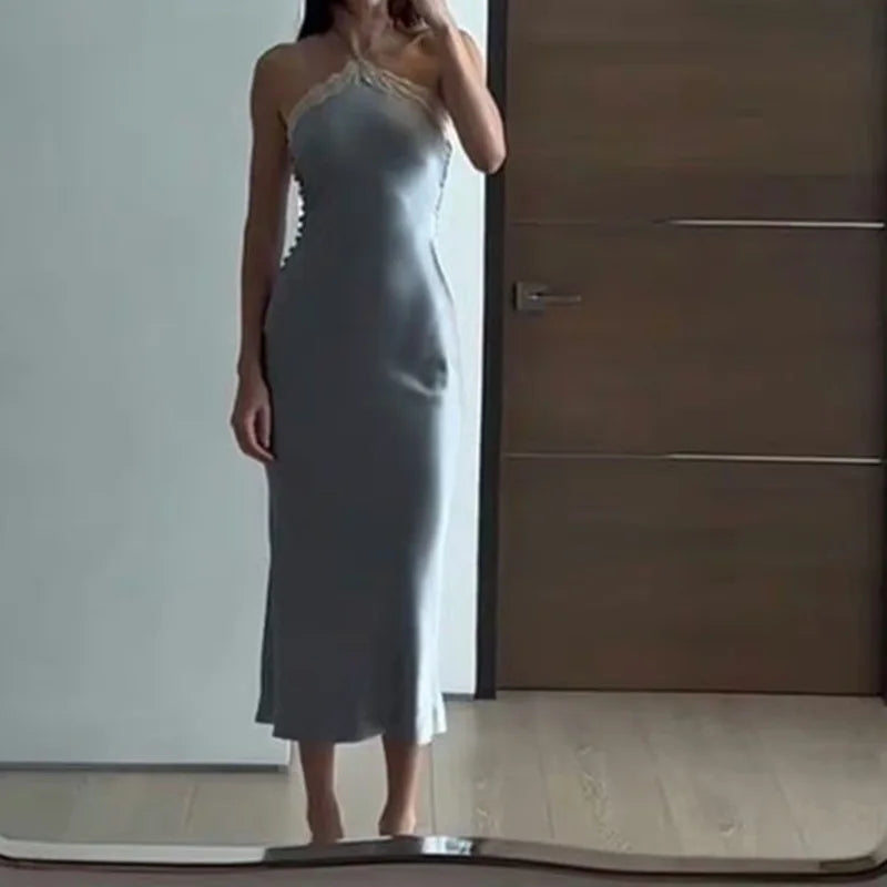 AIERTU  -  Elegant Square Shoulders Backless Splicing Satin Dress Women Slim Fit  Neck Hanging Midi Aiertu