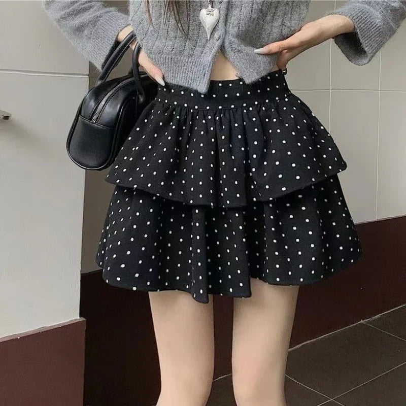 Aiertu Sweet Kawaii Mini Skirt Women Grey Korean Style Elegant Dot Short Skirts Coquette Fashion High Waist Cute Ruffle Skirt Aiertu