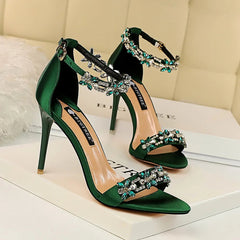 Aiertu Women Fetish 9cm High Heels Crystal Designer Sandals Lady Silk Wedding Bridal Heels Glitter Rhinestone Flower Satin Strap Shoes Aiertu