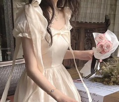 Aiertu Autumn Sweet Puff Sleeve Fairy Dress Women Bow Vintage Casual Princess Mini Dress Female Solid Japanese Kawaii Party Dress Aiertu