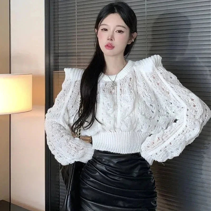 Chic Knitted Sweater Women Hollow Long Sleeved Slim Fall Pullover Elegant O-Neck Vintage Solid Twist Harajuku Cropped Jumpers Aiertu