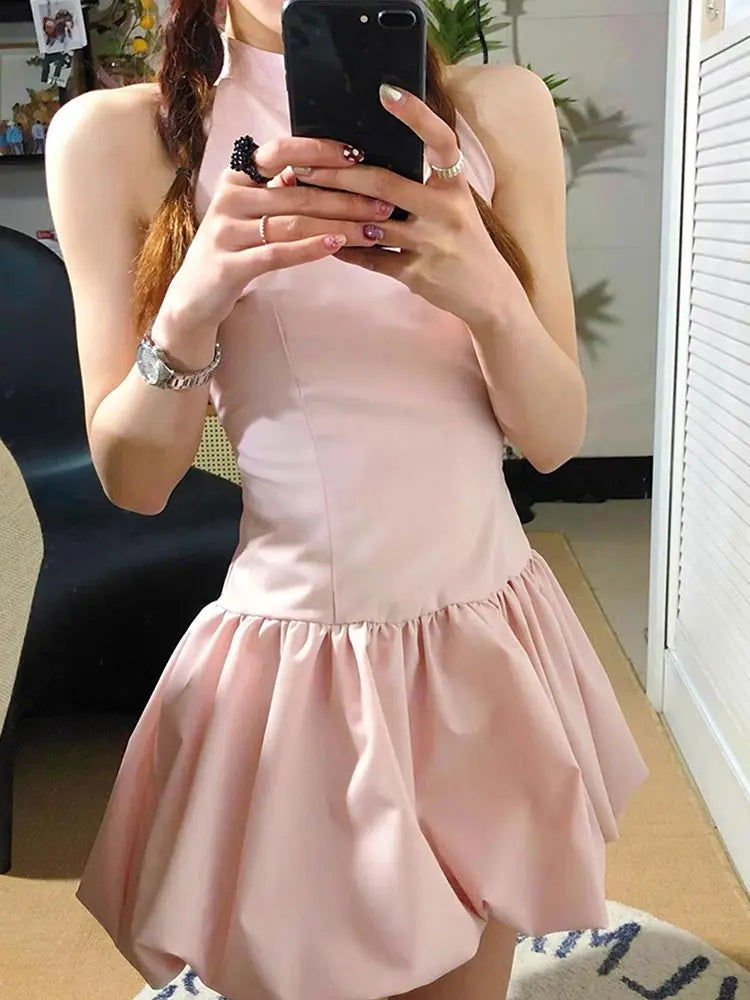 Aiertu Coquette Y2k Pink Halter Mini Dress Women 2024 Summer Fashion Off Shoulder Party Short Dresses with Belt Aiertu