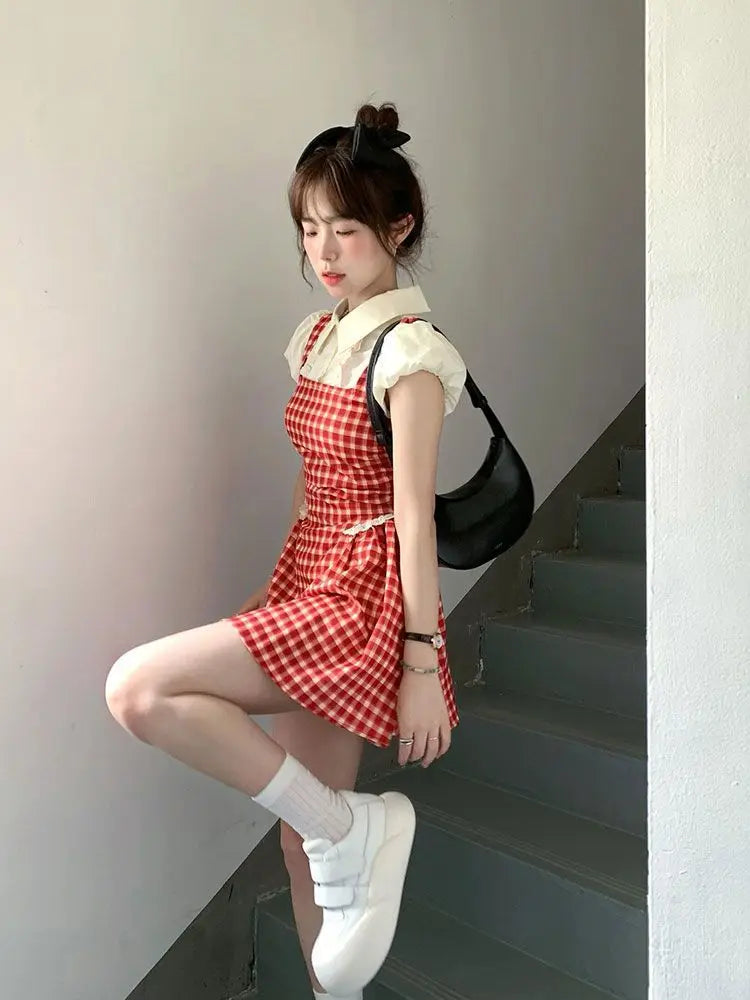 Aiertu Y2k Coquette Kawaii Cute Plaid Shirt Dress Women Preppy Style Sweet Girls Short Party Dresses 2024 Summer Fashion Aiertu