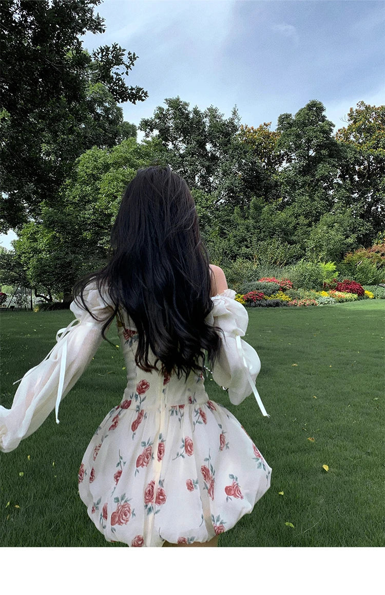 Aiertu Sweet Floral Sexy Strap Dress Women Folds Designer Casual  Mini Fairy Dress Female 2024 Summer Puff Sleeve Korean Princess Dress Aiertu
