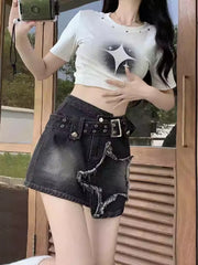 Aiertu Women Black Gothic Denim Skirts Harajuku A-Line Mini Jean Skirt Vintage Y2k Aesthetic Oversize Skirt 2000s Trashy Clothes Summer Aiertu