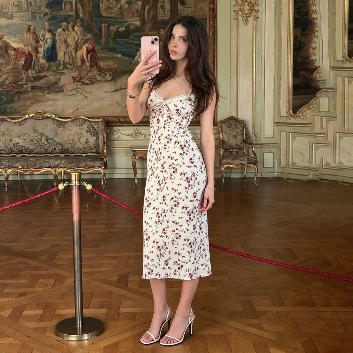AIERTU  -  French Retro Rose Floral Dress with Waist and Thin Folds Pure Lust Sweet and Spicy Temperament Long Dress Aiertu