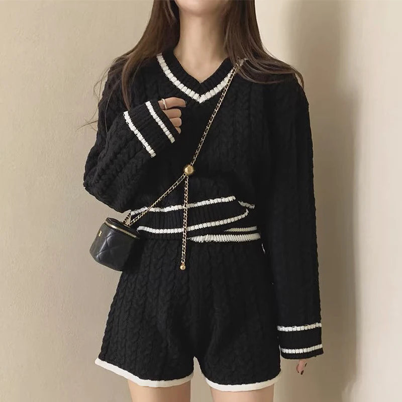 Women Two Piece Sets Long Sleeve Knitted Tops And Shorts Casual Suit Solid Office Sets For Women 2024 Autumn Winter Aiertu