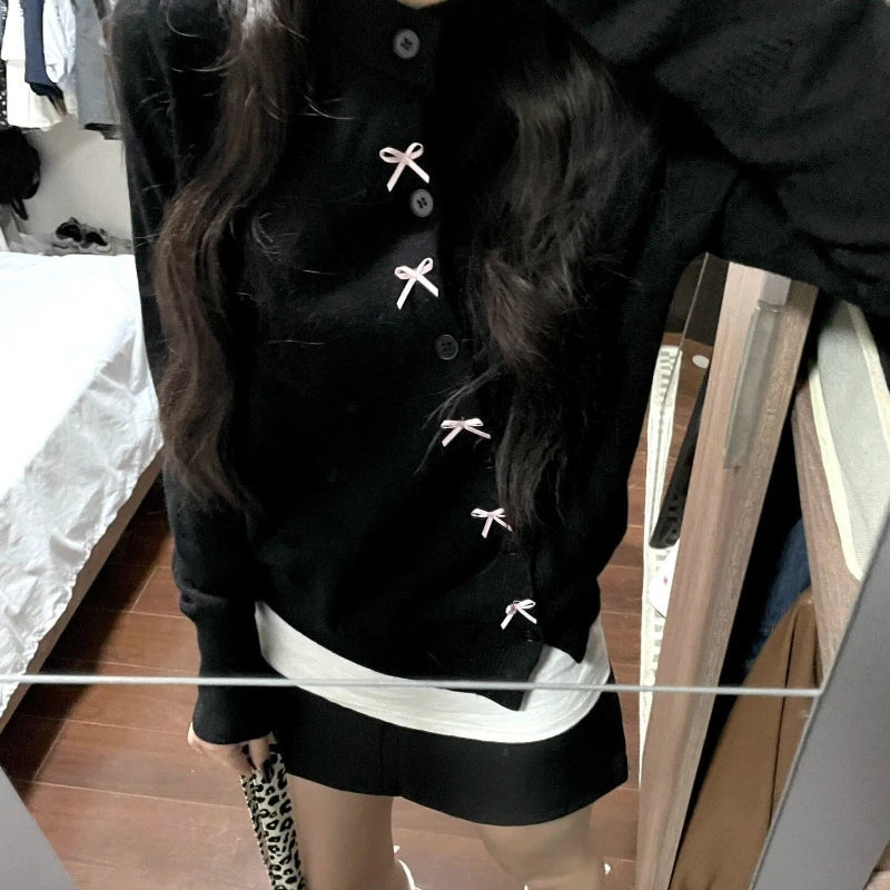 Aiertu Korean Style Sweet Bow Knitted Cardigan Women Elegant Black Sweaters Kawaii Irregular Long Sleeve Cardigan Aesthetics Aiertu