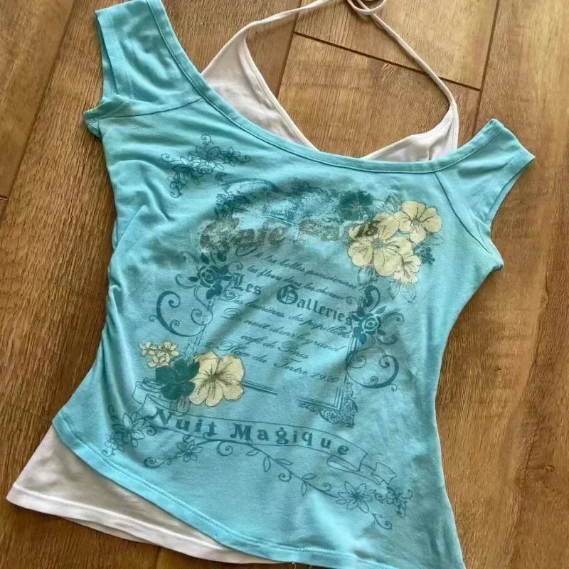 Aiertu Summer Fake Two Pieces Halter Bandage Vintage T-shirts Y2k Aesthetic Slim Crop Tops Women Grunge Print Harajuku Casual Sexy Tee Aiertu