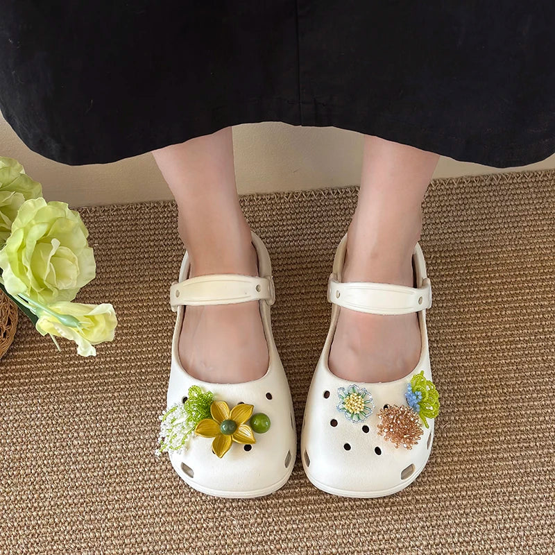 AIERTU  -  Summer Women's Slippers Luxurious Pearl Metal Flower Sparkling Designer Ballet Shoes Girls' Sandals Indoor and Outdoor Soft Aiertu