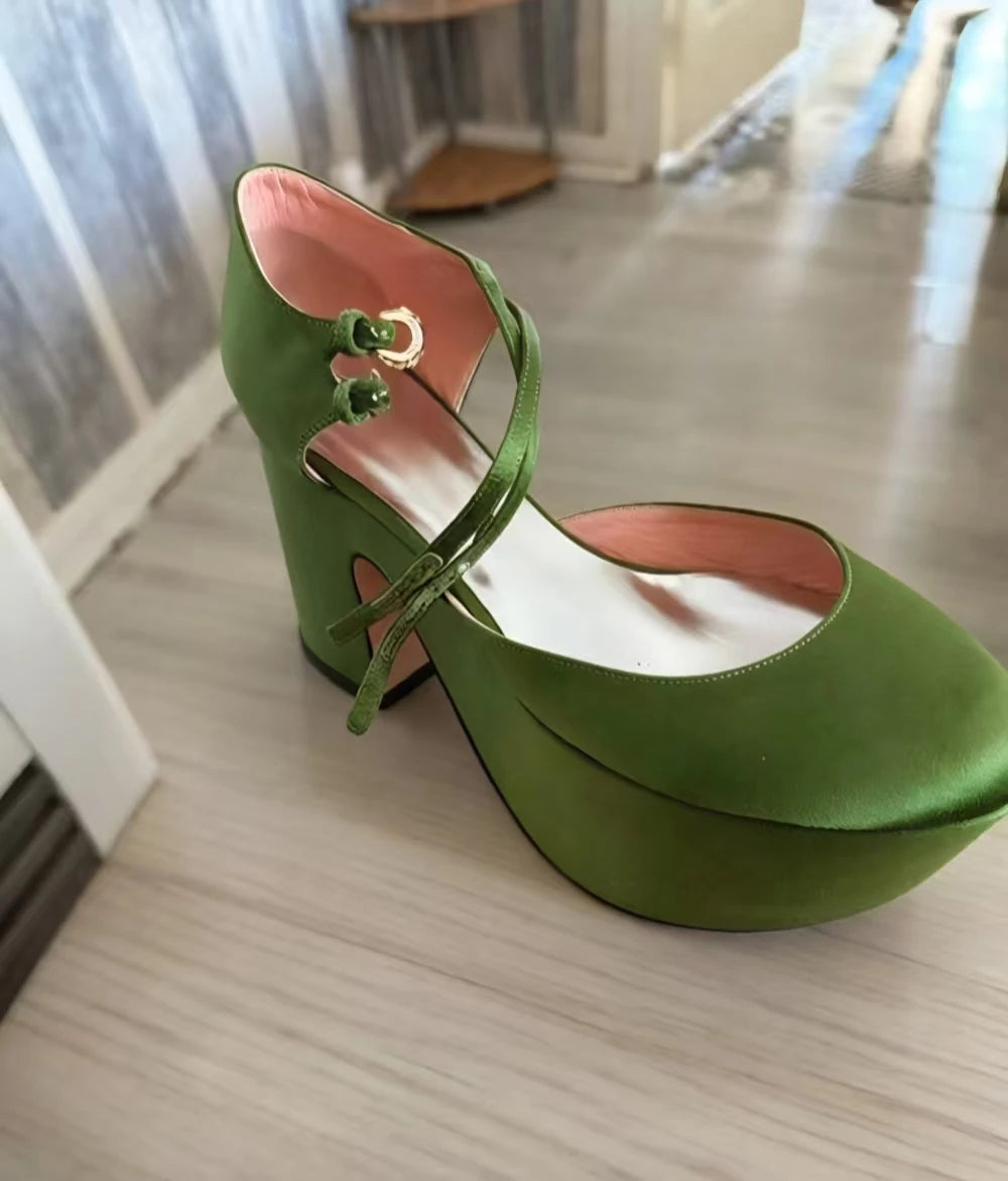 AIERTU  -  Elegant Lady Wedding Shoes Retro Green Satin Platform Round-Toe Chunky Heels Shoes Gold Buckle Double Ankle Straps Design Aiertu
