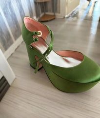 AIERTU  -  Elegant Lady Wedding Shoes Retro Green Satin Platform Round-Toe Chunky Heels Shoes Gold Buckle Double Ankle Straps Design Aiertu