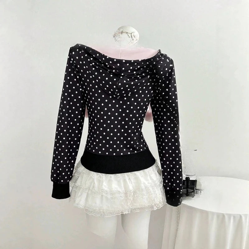 AIERTU  -  Y2K Black Polka Dot Hoodie Women Zip Up Color Block Sweatshirts Spring Autumn Drawstring Slim Fit Cropped Sweet Kawaii Outerwear Aiertu