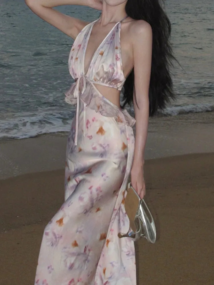 Aiertu New Sexy Fashion New Women Floral Print Midi Dress Sleeveless Halter Bodycon Slim Beach Holiday Vestidos Female Backless Clothes Aiertu