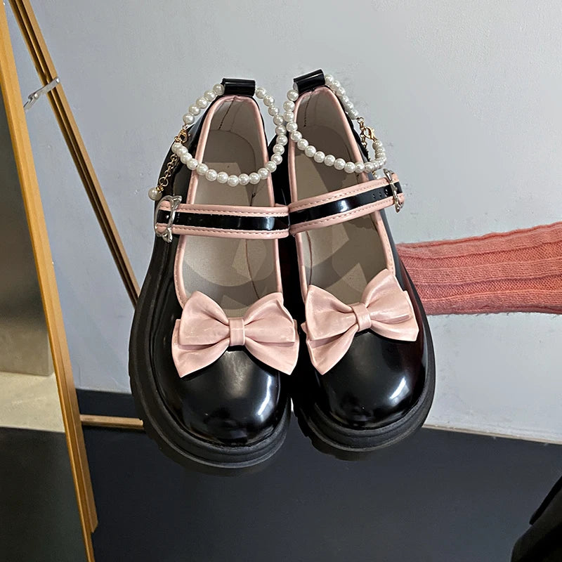 Aiertu Summer Female Shoes Fashion Mary Jane Shoes Round Head Band Heel Shoes Women Bow Pearl Square Heel Low-top Pumps Aiertu