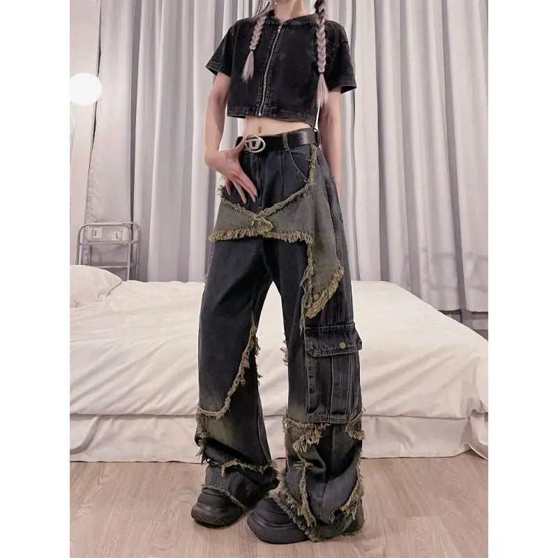 Aiertu  Vintage Women High Waist Jeans Streetwear Ripped Female Wide Leg Pant American Style Casual Tassel Straight Denim Trousers Aiertu