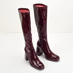 AIERTU  -  New Fashionable Height Increase, Thick Heels, High Heels, Sexy, Knee High, Square Head, Wine Red Boots for Women Aiertu