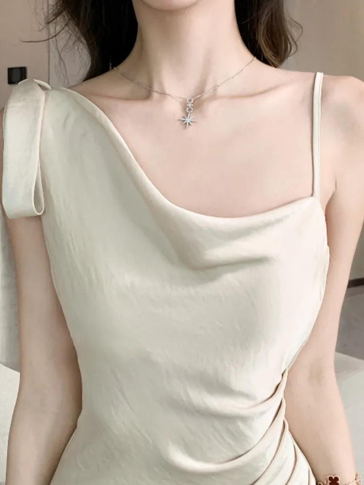 Aiertu Spaghetti Strap Women Fashion Satin Midi Dress Sleeveless Casual Solid Chic Bodycon Slim Party Dresses Female Vestidos New Aiertu