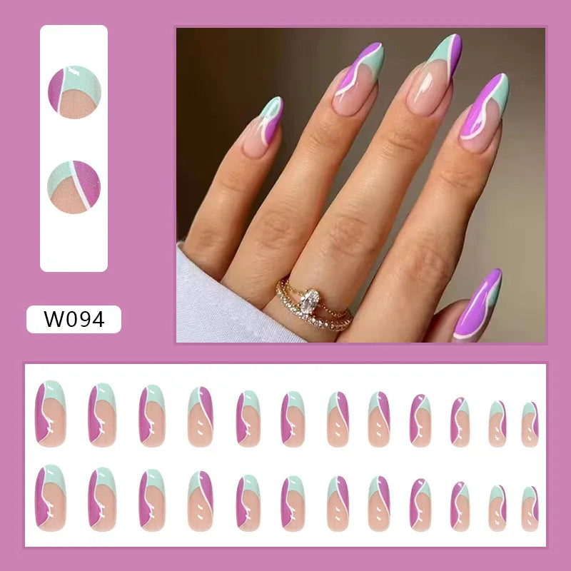 Aiertu 24pcs/Box Ballerina Nail Tip Purple with Design Manicure Patches Fresh Floral Almond False Nails Press on Med Nails Detachable Aiertu