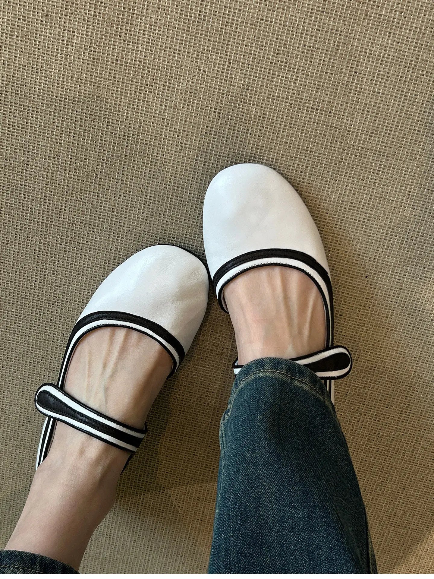 AIERTU  -  French Style Flat Bottom round Head Pearl Embellished Mary Jane Shoes Women's Slip-On Shoes with Magic Tape Spring New Arrival Aiertu