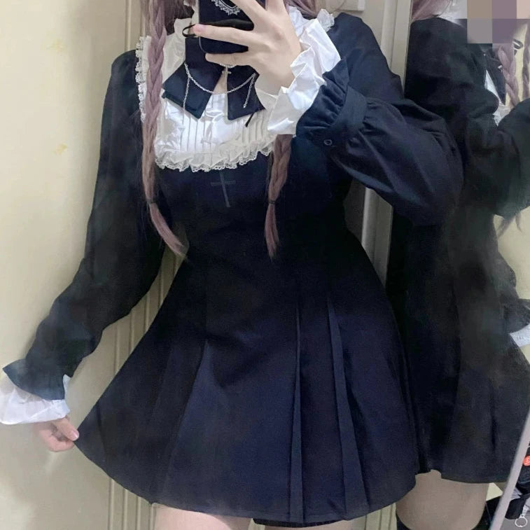 Japanese Punk Style Y2k Lolita OP Dress Women Vintage Elegant Ruffle Bow Lace Evening Party Dresses Female High Waist Slim Dress Aiertu