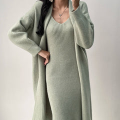 Fall Winter Warm Knitted Dresses 2 Pieces Set For Women Korean Casual V Neck Knit Sweater Dress+long Sleeve Solid Cardigans Suit Aiertu