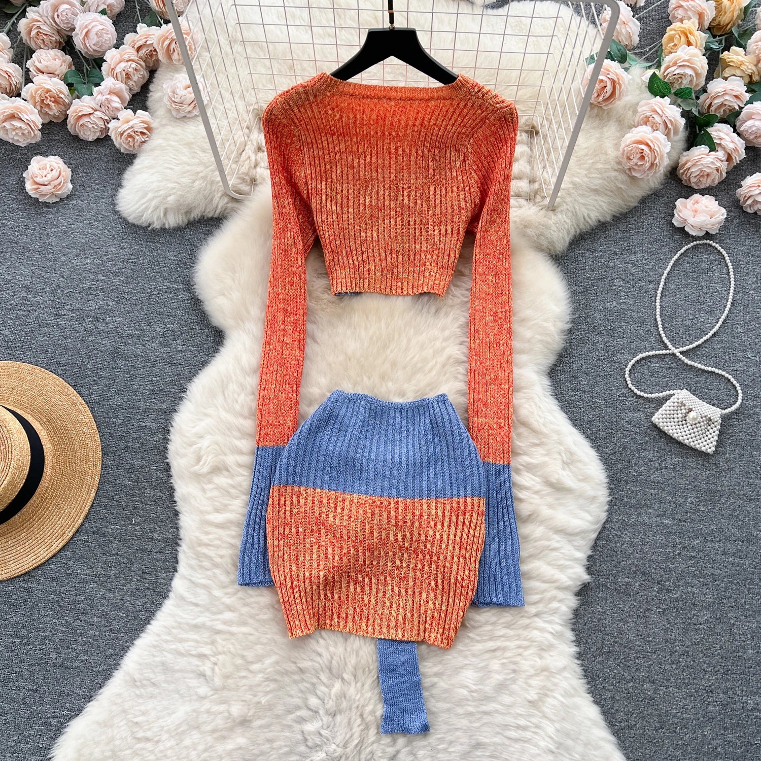 Aiertu Autumn Patchwork Knitted Two Pieces Sets Long Sleeves Hollow Out Slim Pullover+Mini Skirt Fashion Y2K Sweater Suits Aiertu